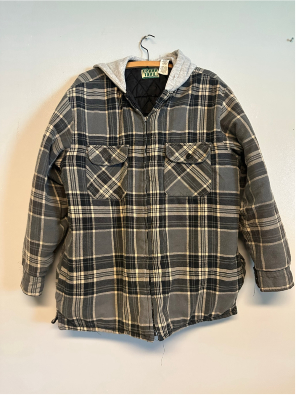 Ozark Trail Quilted Lined Plaid Hooded Shirt Jacket Grey Size Large